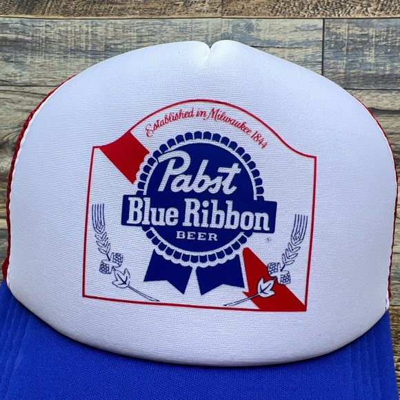 Pabst Blue Ribbon Mens Trucker Hat Red White Blue Lager Beer Retro Logo Cap - Picture 3 of 8